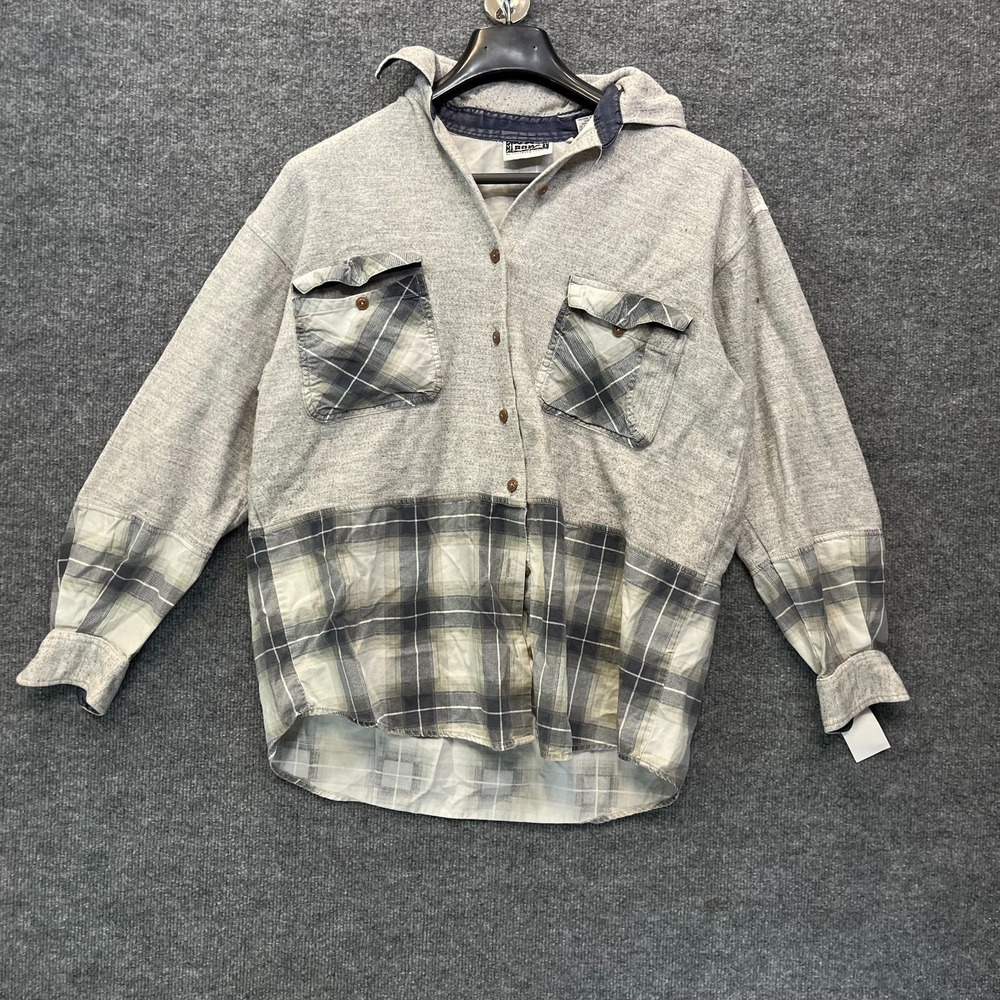 VTG Nada Nuff Contempo Casuals Flannel Shirt Womens Gray Mixed Media Plaid Top M